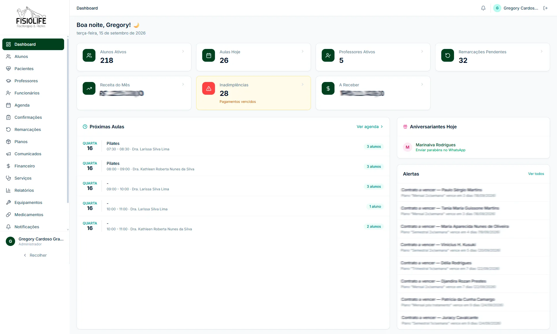 Captura completa da interface do projeto Sistema de Gestão para Estúdio de Pilates